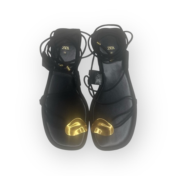 Deadstock: new Zara ❧ Embellished Flat Sandals ❧ Black Bright Gold Hardware ❧ 8M - Picture 11 of 16